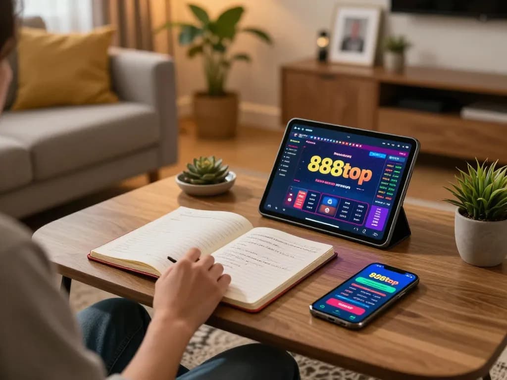 Engaged player using 888top app on tablet with strategy notes on coffee table