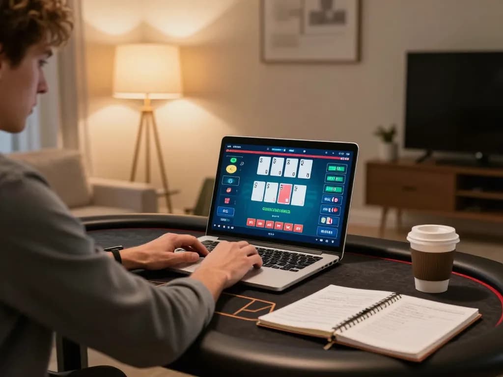 C168 player engaging in strategic online poker game at home, focused on laptop screen.