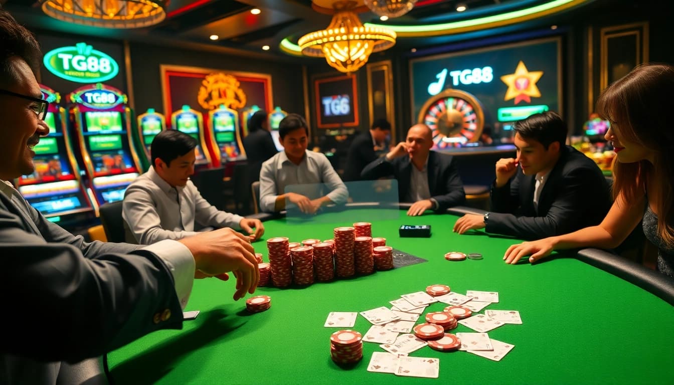 Engaging players showcase TG88 casino excitement at a luxurious poker table.