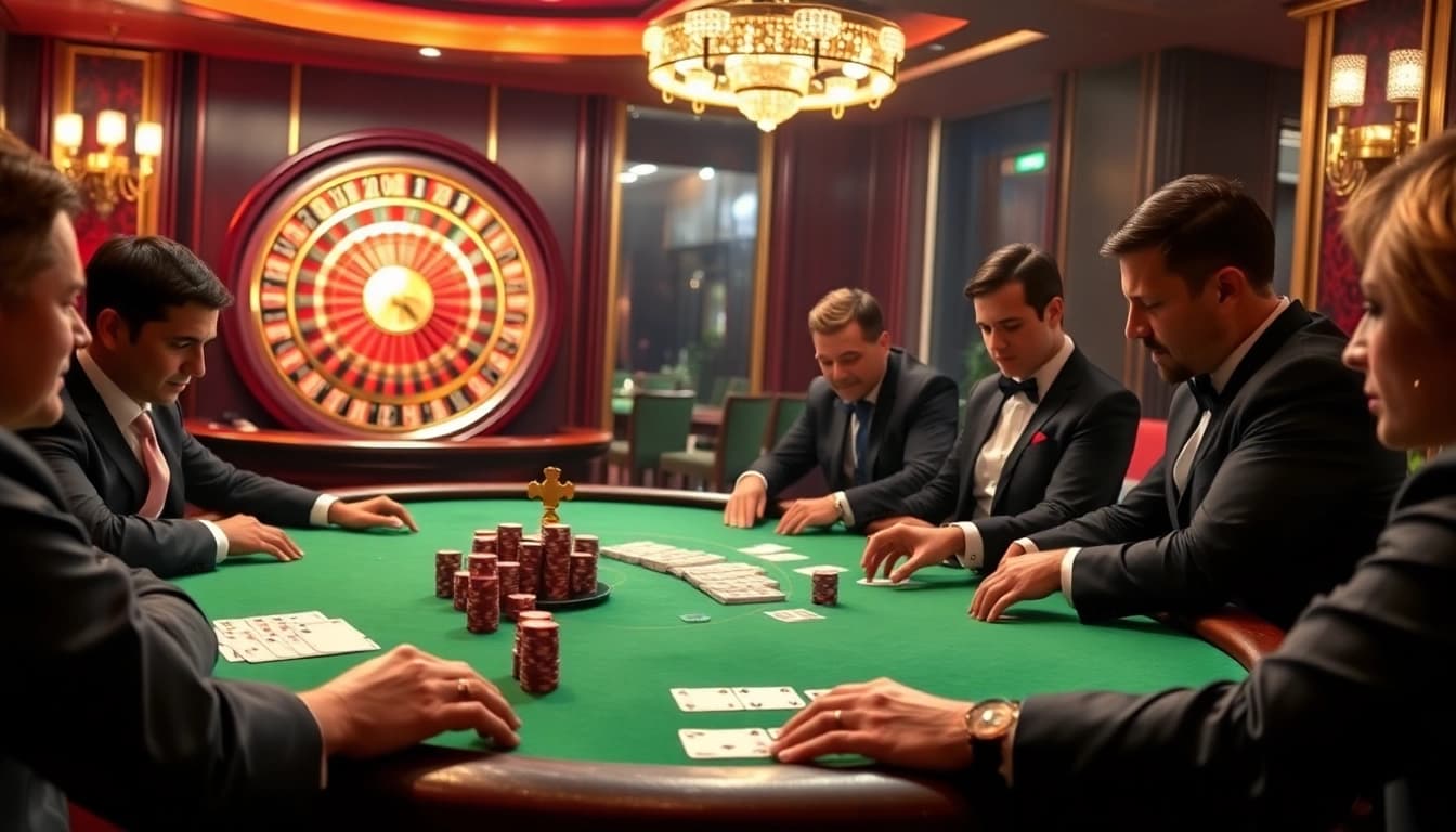 A thrilling poker scene at 888b casino featuring professional players and a beautiful roulette wheel.