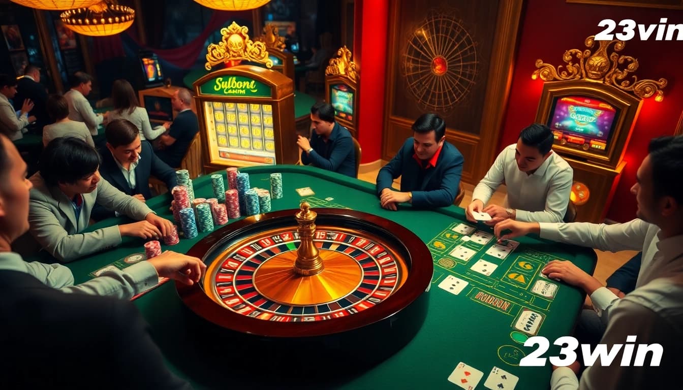 Players celebrating wins at 23win, surrounded by vibrant casino action with poker chips and a roulette wheel.