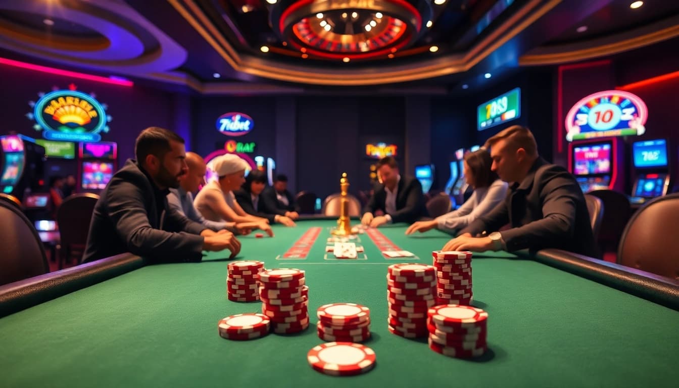 Experience high-stakes poker gameplay at 789bet.com with vibrant casino elements including chips and cards.