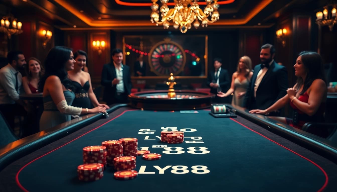 FLY88 poker table with vibrant chips and cards in a luxurious casino setting.