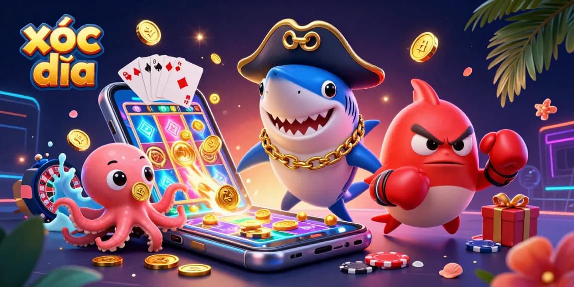 Xóc đĩa game illustrated with a cartoon pirate shark, angry pufferfish, and octopus, celebrating big wins!
