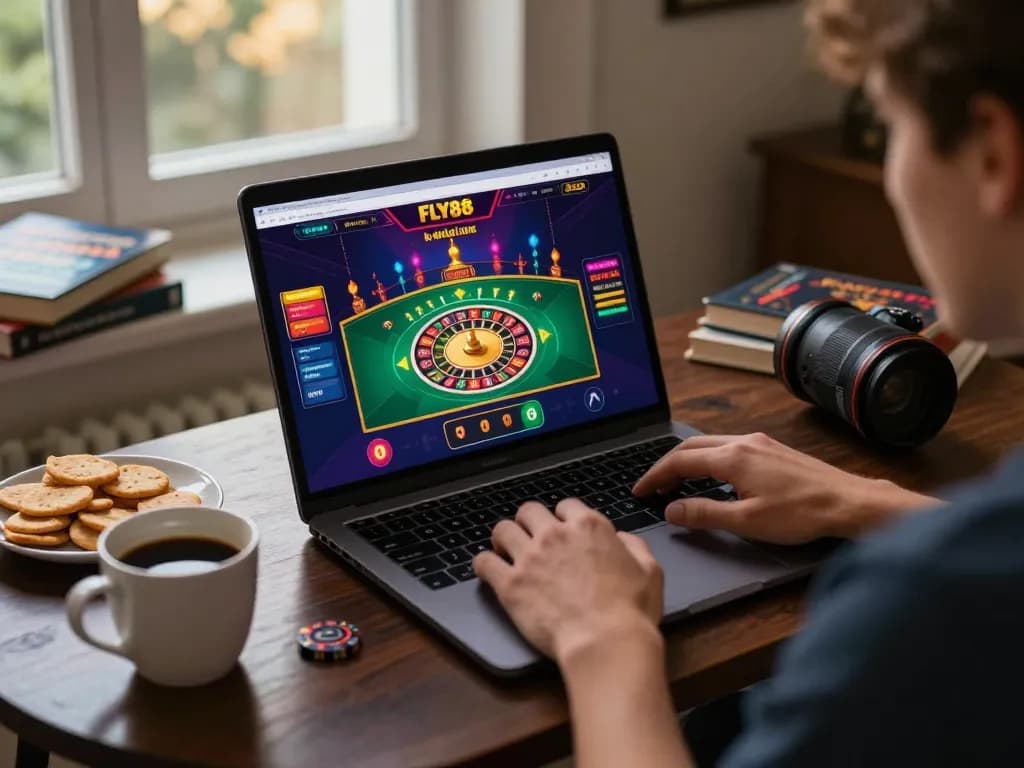 Engaging gameplay session at FLY88 online casino on a laptop, showcasing vibrant roulette graphics