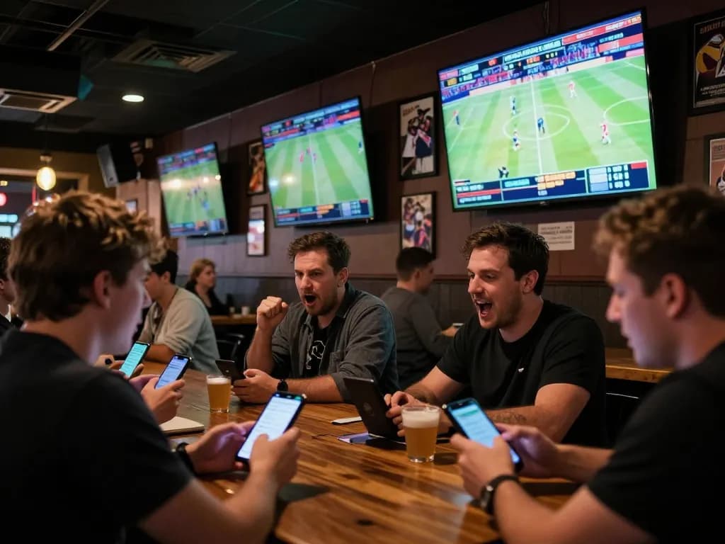 Patrons engaging in sports betting at a vibrant bar, showing the excitement of debet wagering.