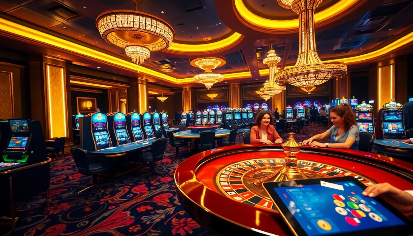 Exciting gambling scene at https://kjc.football/ showcasing vibrant gaming tables and slot machines.