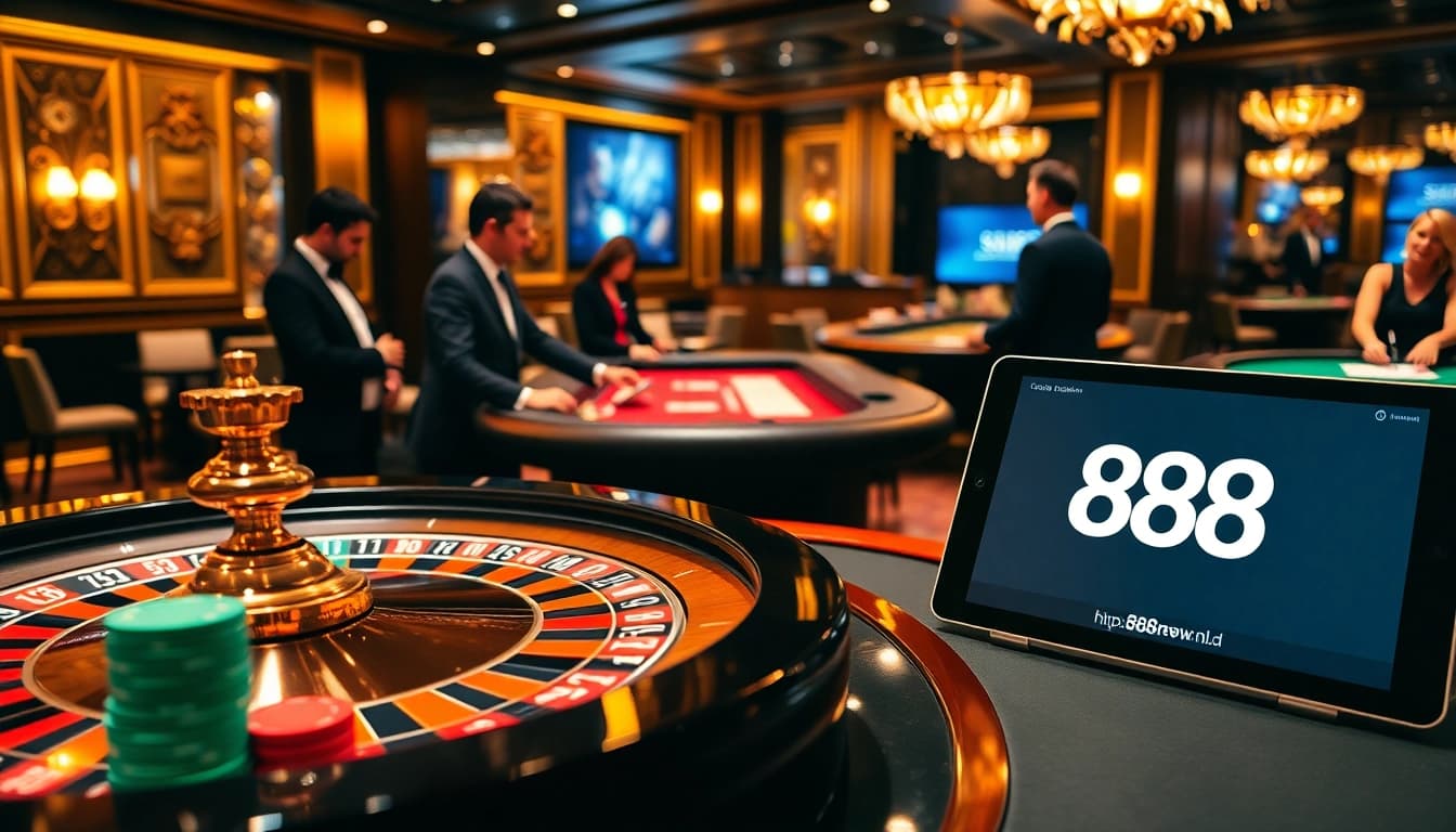 Players enjoying a lively game at https://888new.nl/ casino with vibrant poker chips and roulette table.