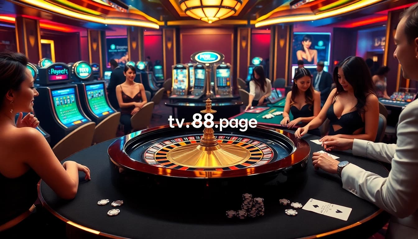 Experience high stakes at tv88.page with vibrant casino scenes featuring roulette and slot machines.