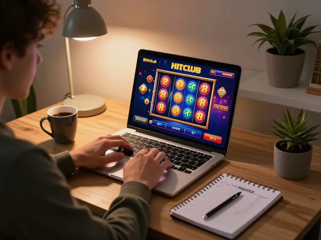 Engaging in thrilling hitclub casino gameplay on laptop, showcasing slots and strategy