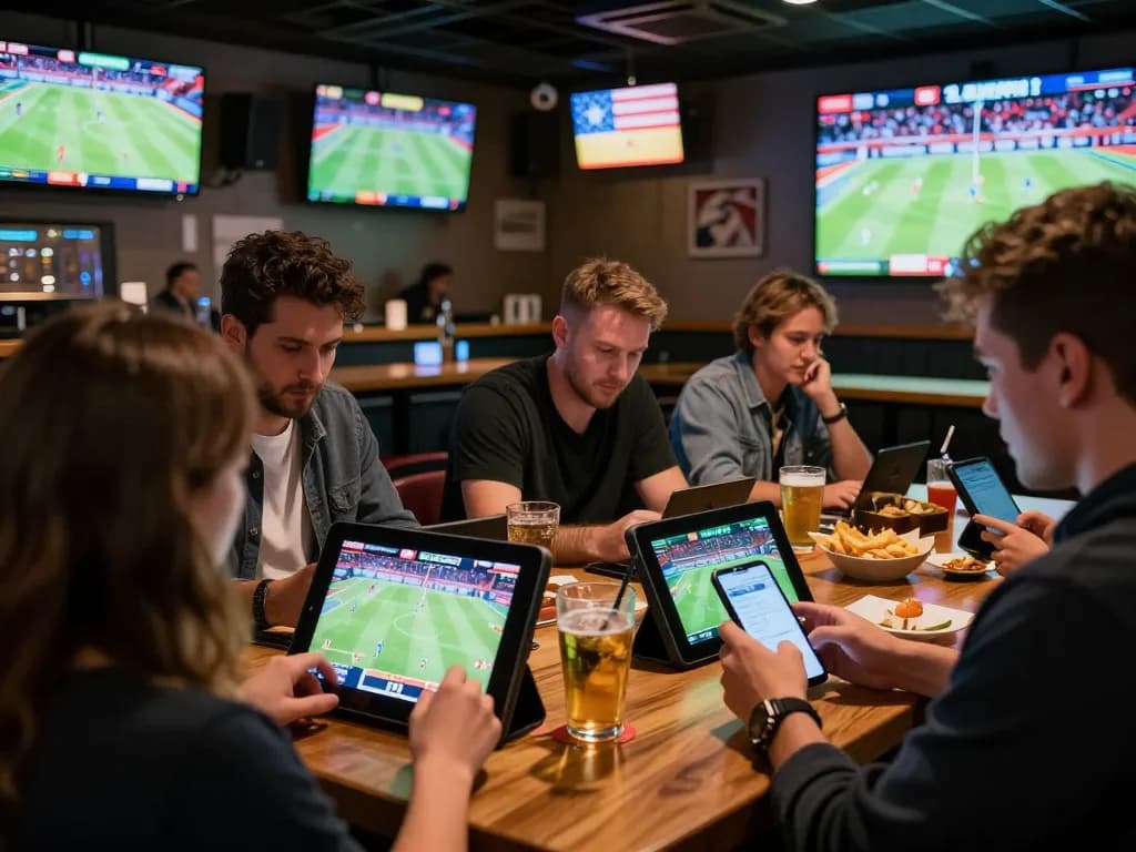 Engaged bettors using 888VI app to place wagers in a lively sports bar atmosphere