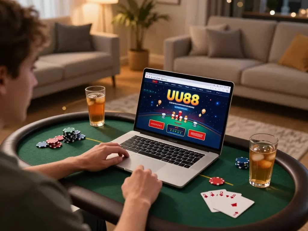 UU88 user enjoying online casino gaming on a laptop in a cozy home setting.