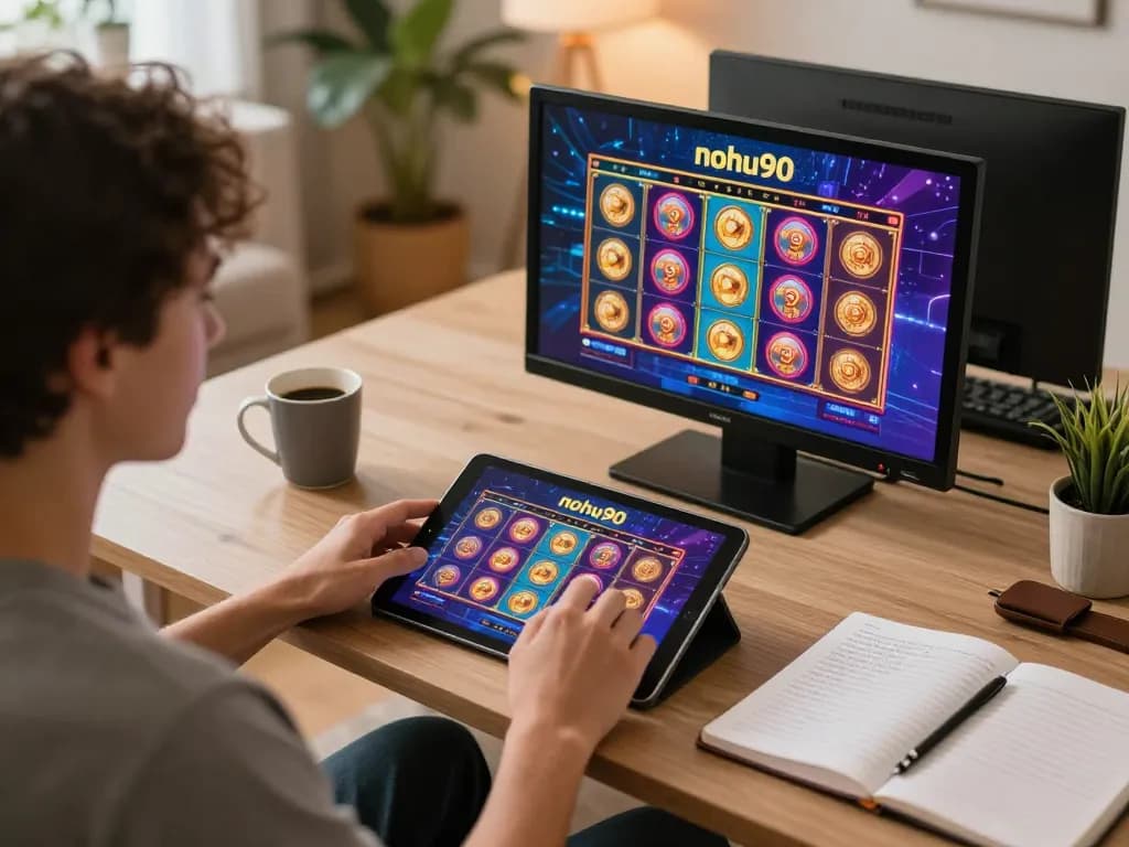 Player enjoying nohu90 gaming experience on tablet in a cozy home setting with warm lighting