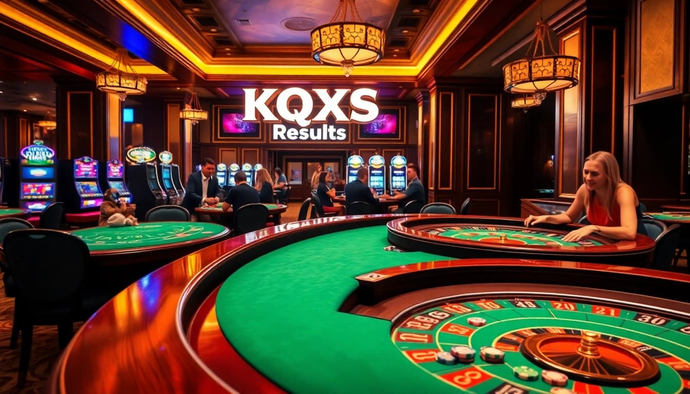 KQXS results showcased in a luxurious casino environment with people playing table games.