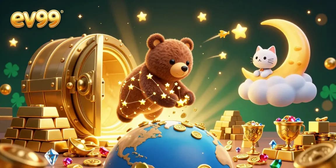 Exciting ev99 gaming scene with a constellation bear, treasures, and sparkling gems.