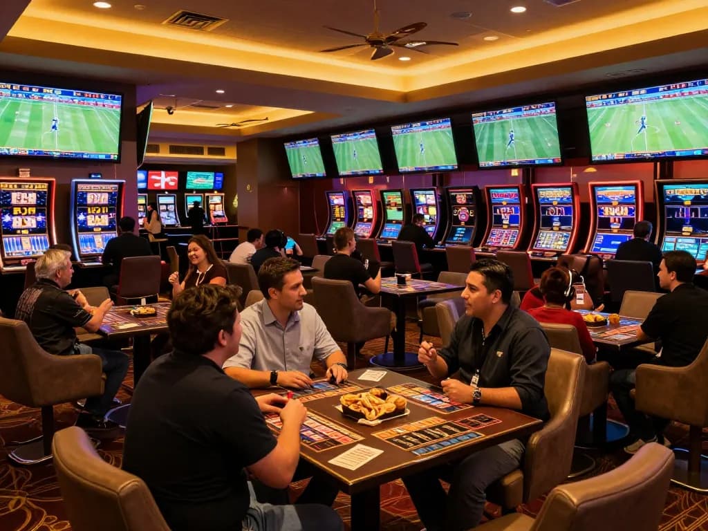 Nowgoal sports betting lounge with live match screens and enthusiastic guests engaged in wagering.