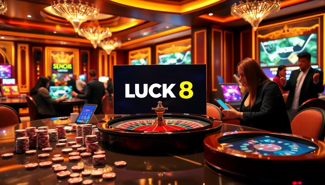 LUCK8 players engaging in exciting online gambling with vibrant casino elements.