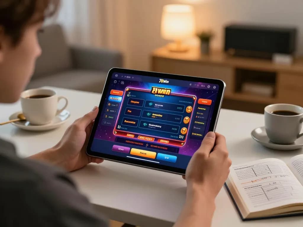Engaged player performing 78win đăng nhập for online casino gaming on tablet at home desk.