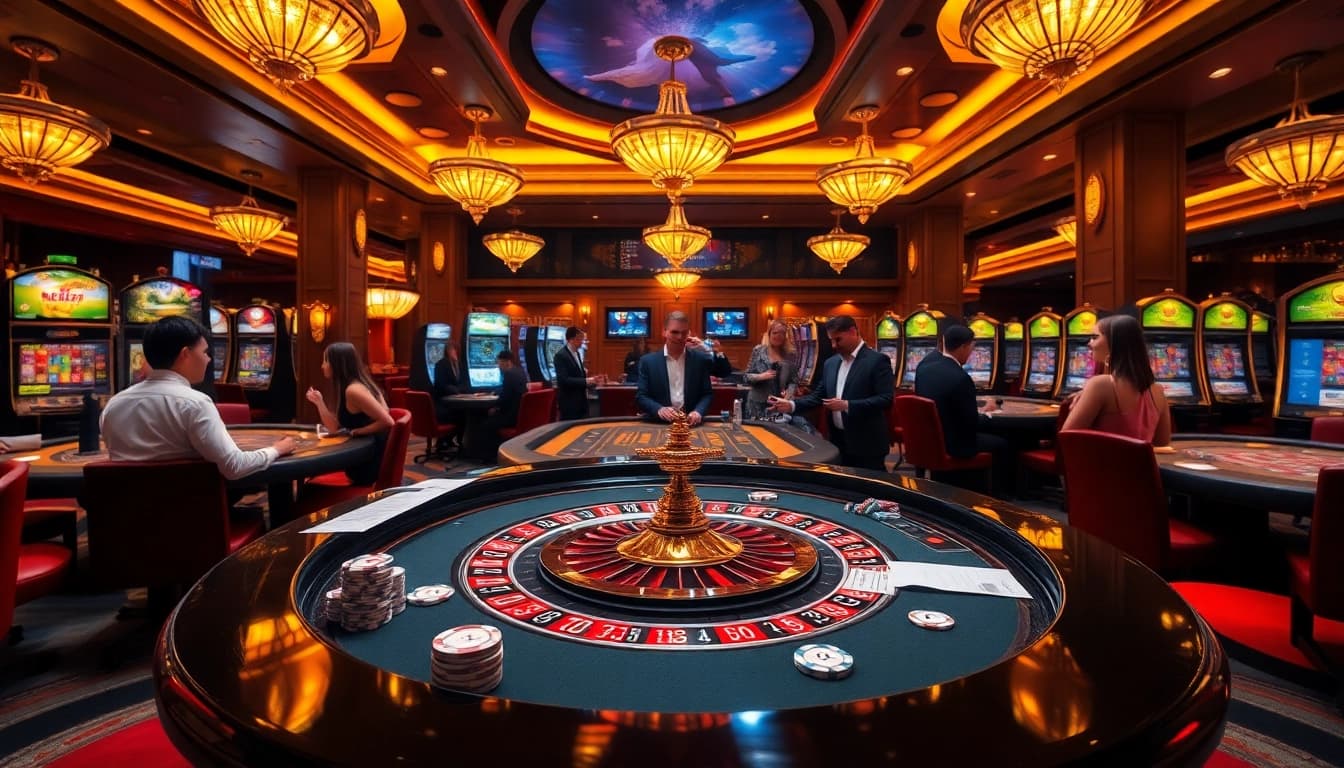 Experience the thrilling gaming atmosphere at ee88 casino with vibrant tables and eager gamblers.