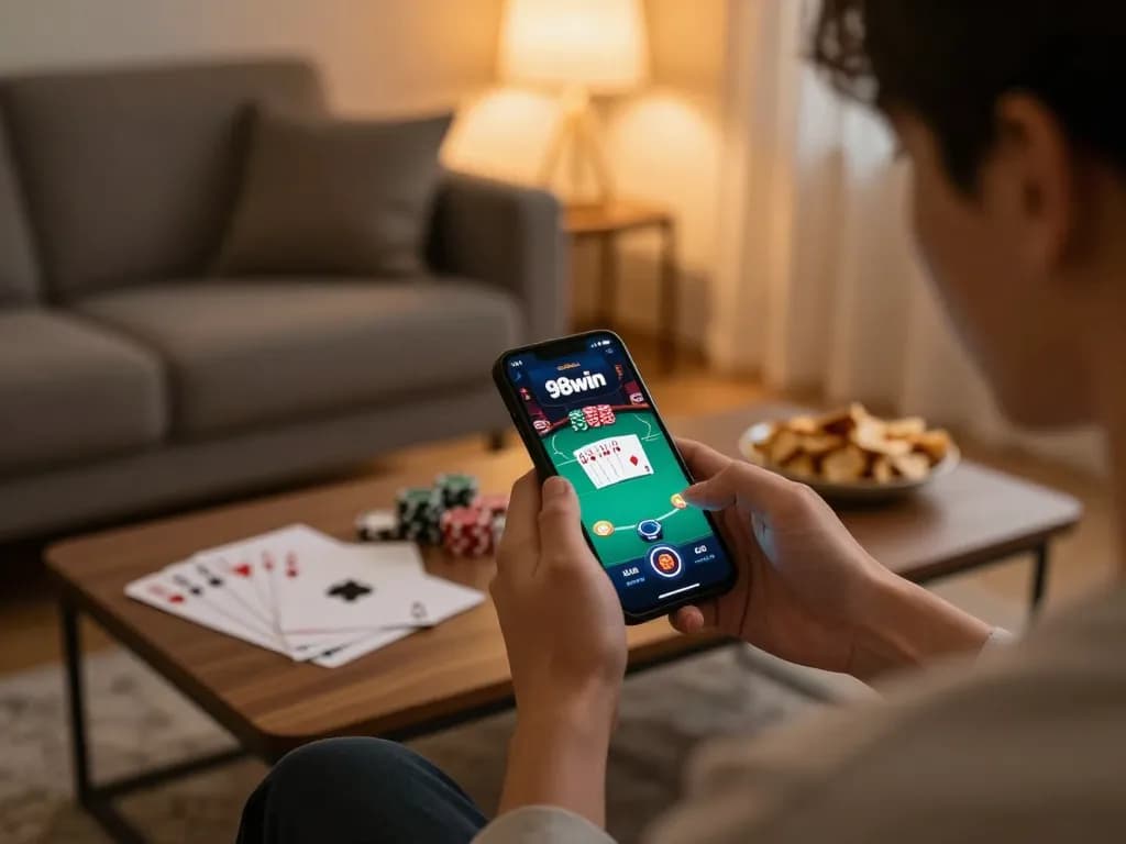 Engaging in online poker gaming at 98win on a smartphone from a cozy home setting.