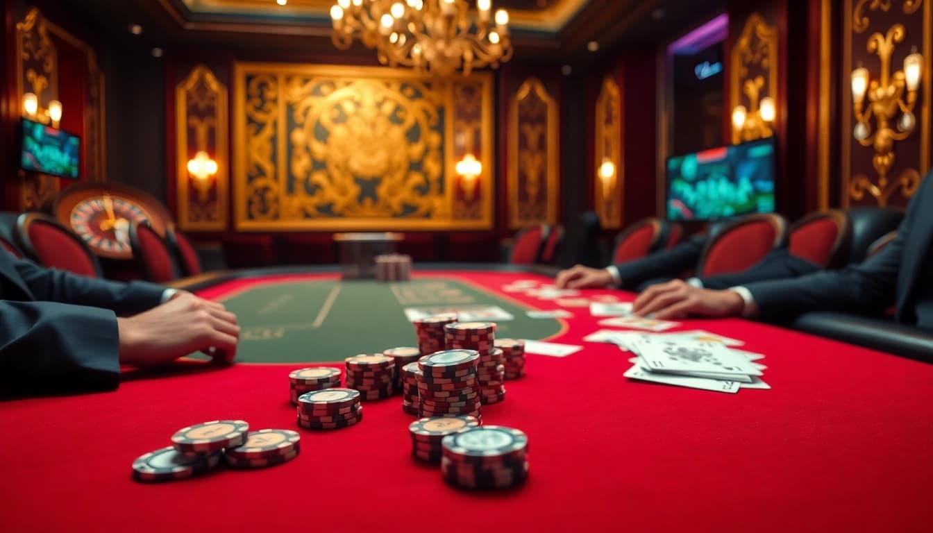 Engaged players showcase intense focus as they play poker at a vaoluoitv-themed gambling table.