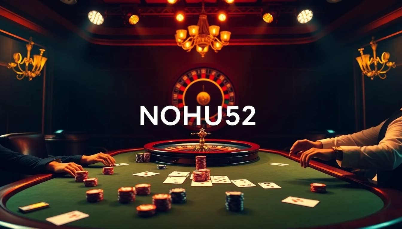 A thrilling poker game scene at NOHU52 with vibrant chips, cards, and a roulette wheel, showcasing high-stakes excitement.