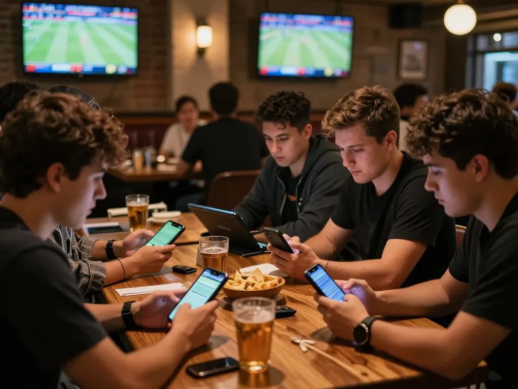 Socolive users actively betting on sports with smartphones in lively atmosphere of a sports bar.