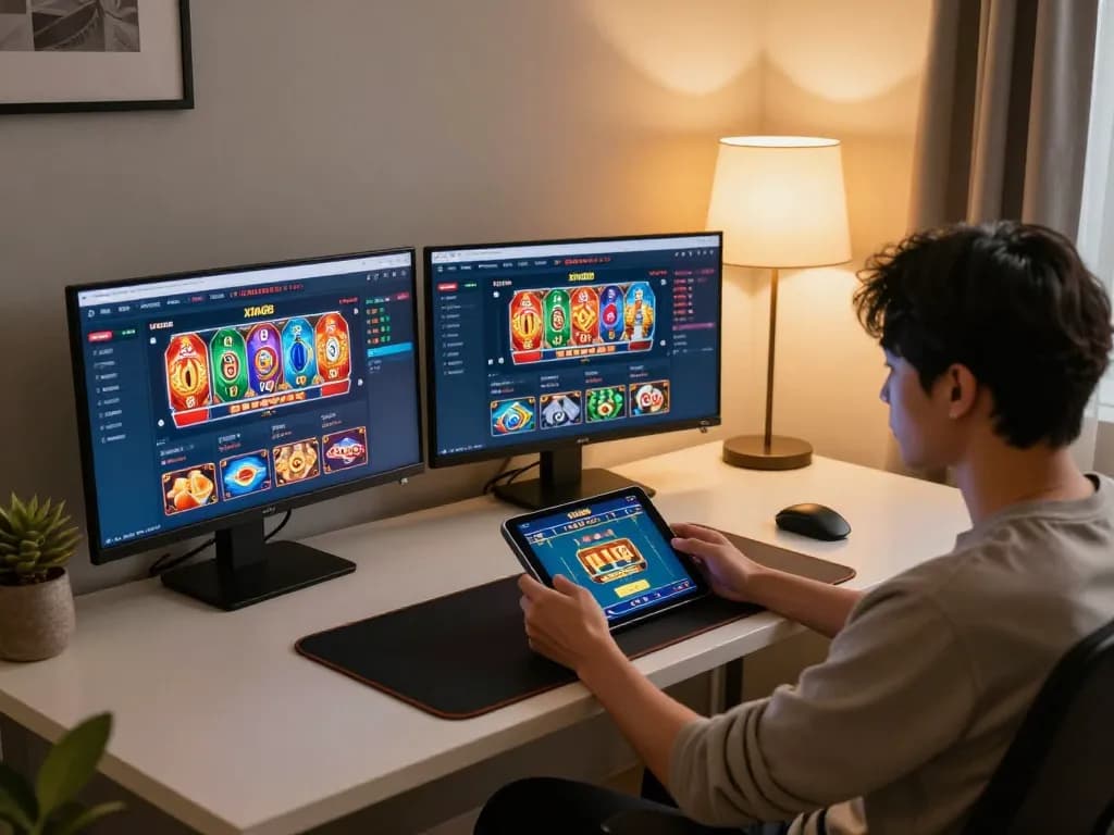 Player engaging in exciting casino gaming on Xin88 platform using tablet in cozy home setup.