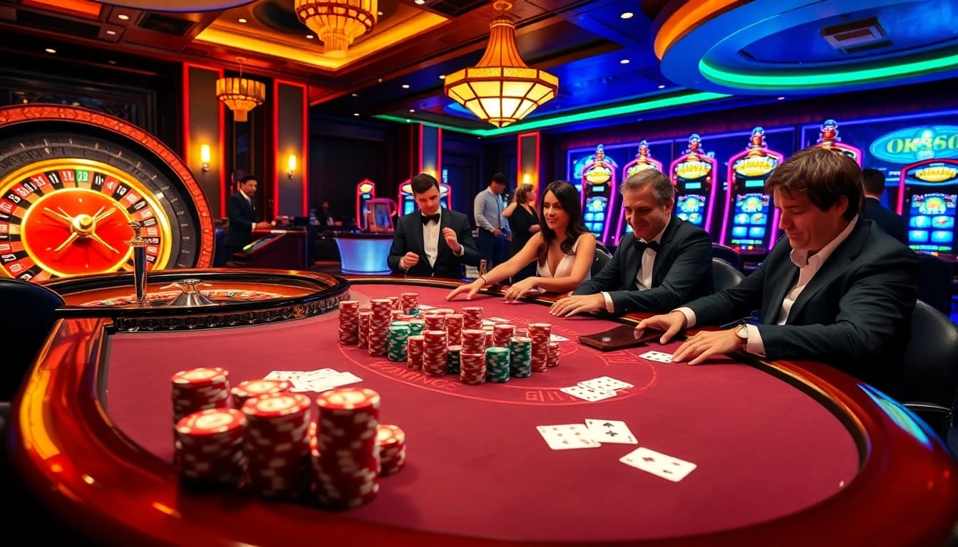 Experience thrilling gambling at OK365 with vibrant casino tables and excited players.