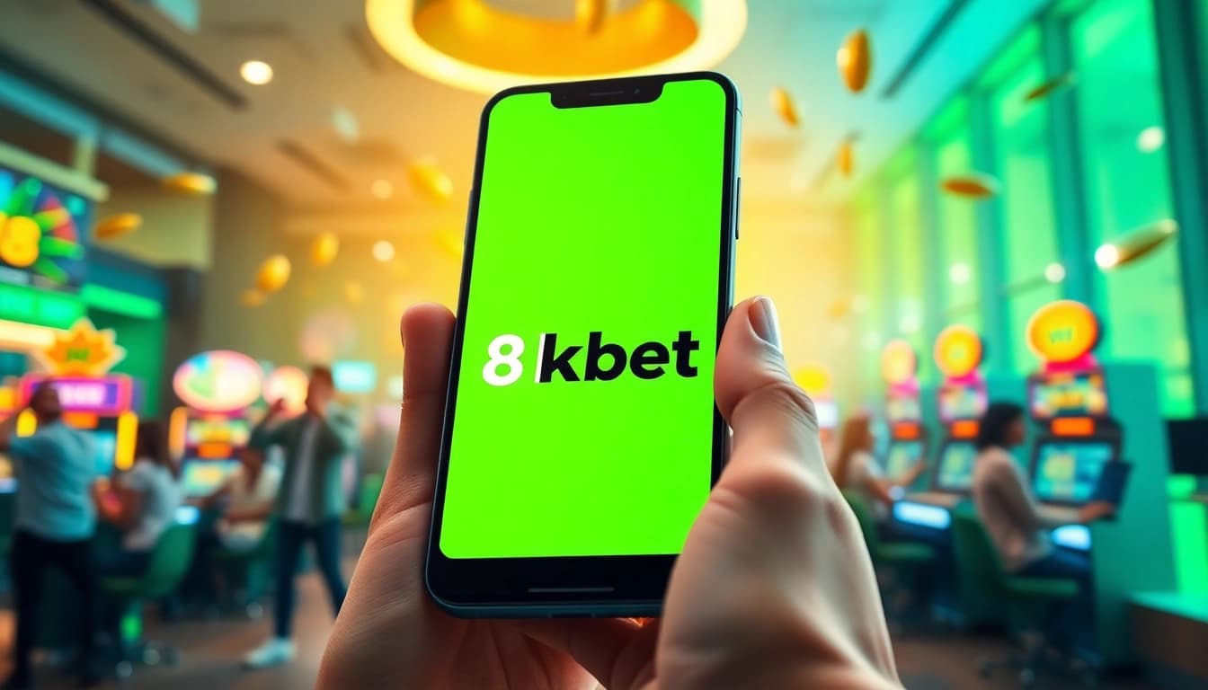 The 8kbet link displayed on a smartphone amidst vibrant betting graphics and excited users.