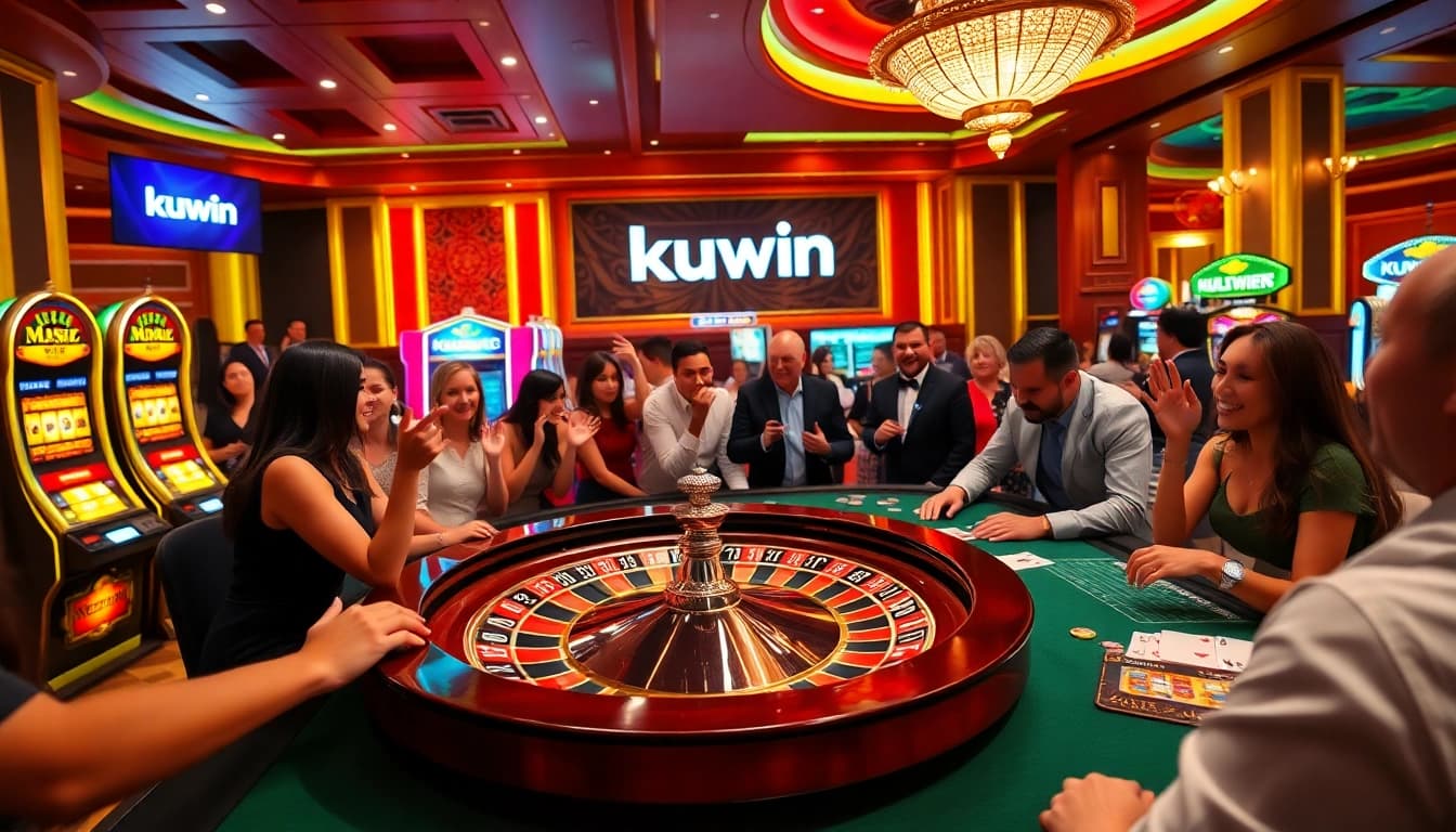 Kuwin players reveling at an upscale casino table, surrounded by vibrant slot machines and elegant poker chips.