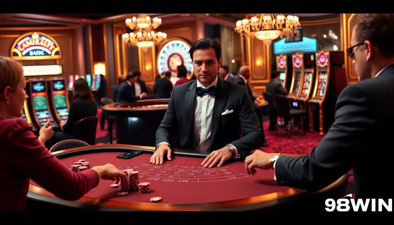 Players reveling in the excitement of blackjack at 98WIN's luxurious casino.