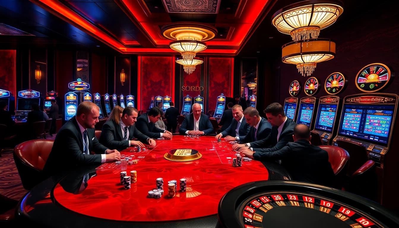 SODO casino scene with players at a poker table, showcasing gambling excitement and luxury elements.