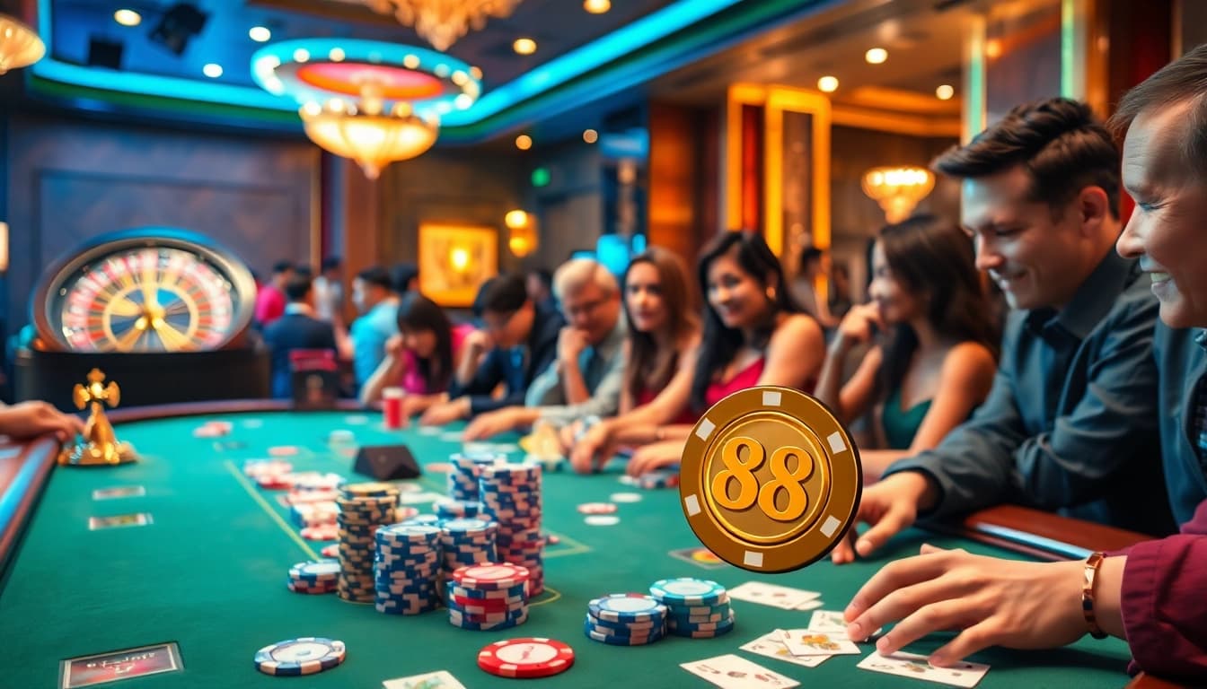 Players enjoying poker at MM88 casino table with vibrant chips and dynamic roulette wheel.