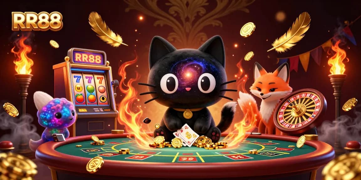 Engage with RR88 at a cosmic casino table, where excitement meets vibrant slot elements.