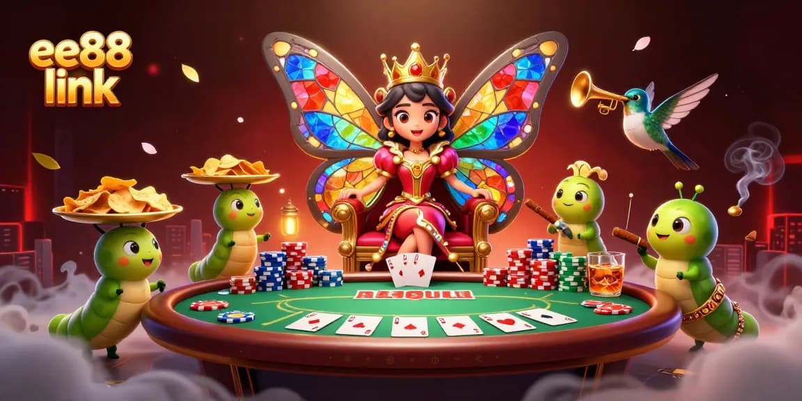 Engage with the vibrant ee88 link casino scene featuring a butterfly queen and interactive gaming elements.