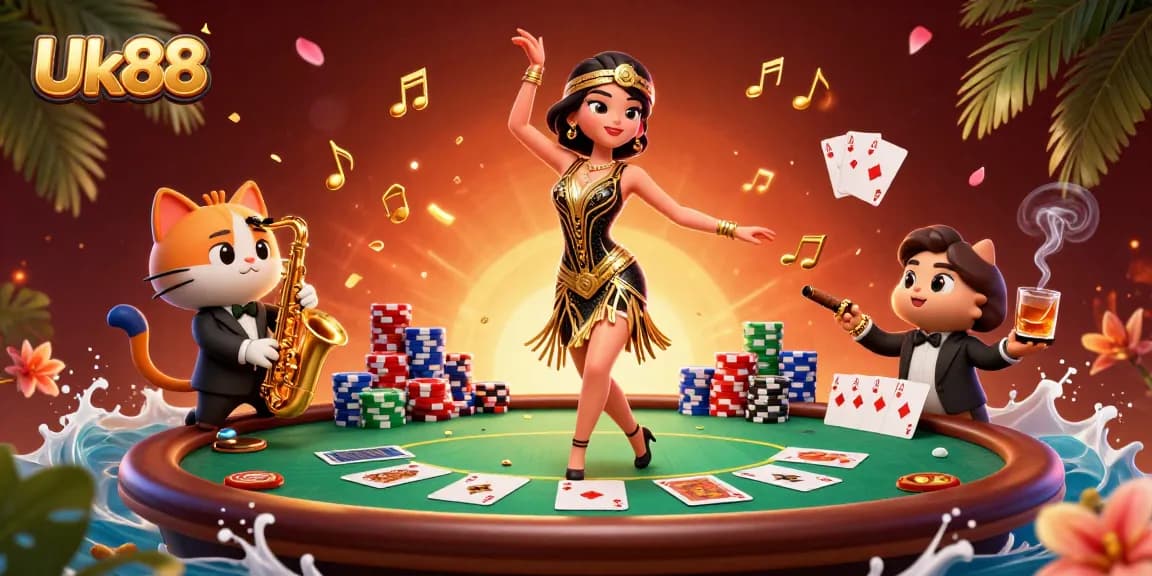 Uk88 players gather around a vibrant poker scene, celebrating their winning hands and excitement.