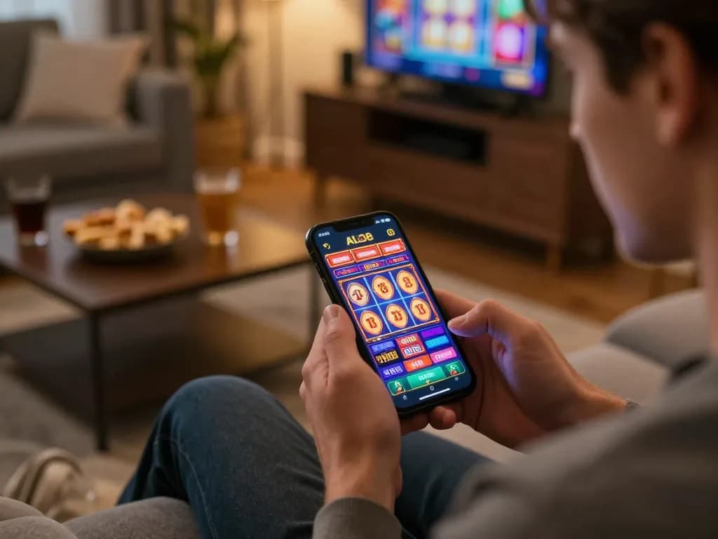Player engaging with the ALO8 app on their smartphone in a cozy home setting, showcasing online gaming excitement.