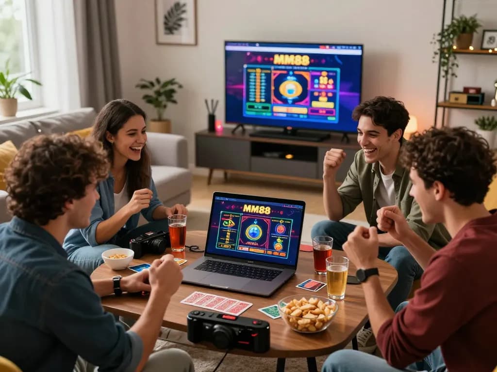 Friends enjoying online betting on MM88 in a lively living room scene.