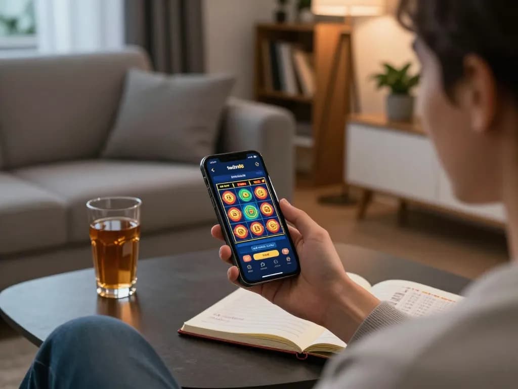 Player enjoying twiin68 on a smartphone while strategizing at home, capturing online gambling excitement.