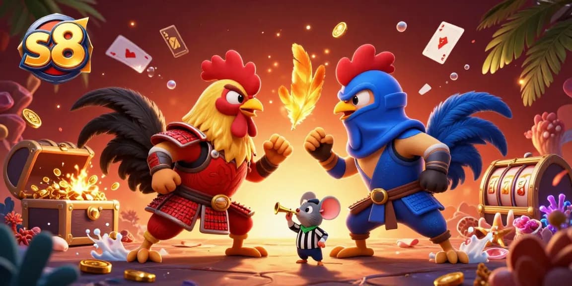 S8 live betting scene with vibrant roosters and casino elements engaging users seamlessly.