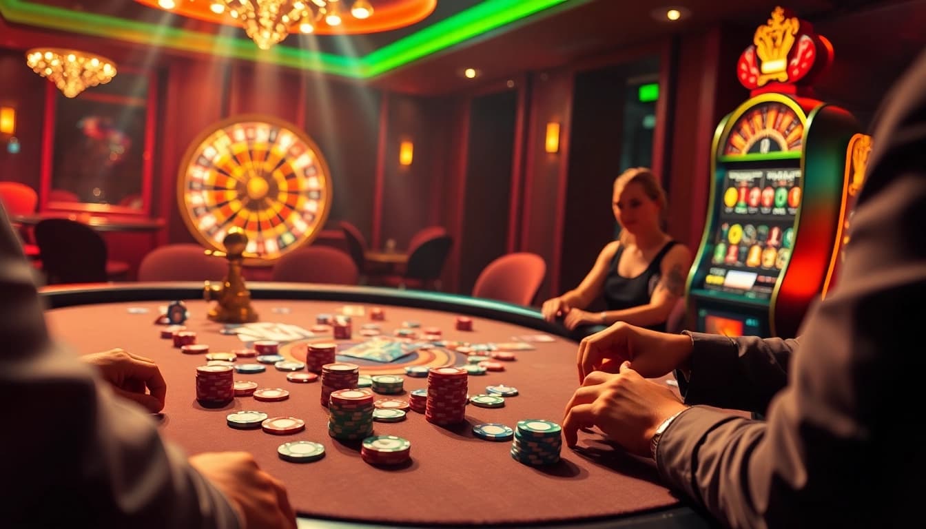 A dynamic poker game at 8DAY casino, featuring vibrant chips, an illuminated roulette wheel, and engaging players.