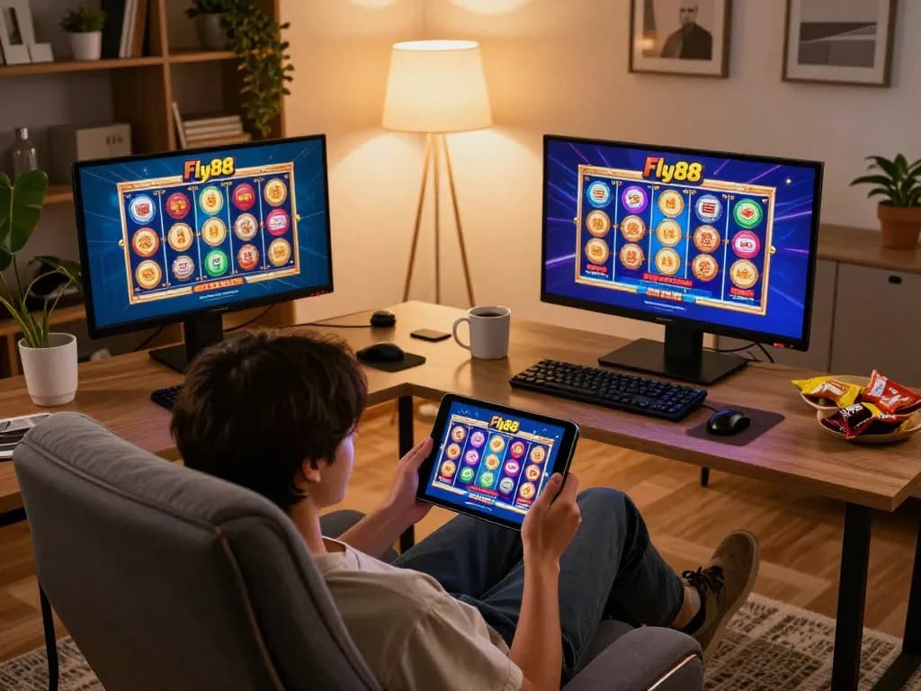 Engaging gaming session at Fly88 online casino, showcasing dynamic tablet gameplay and cozy home setting.