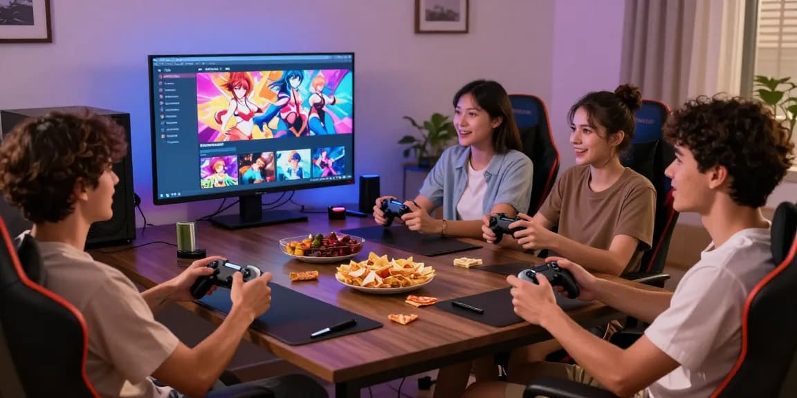 Group of friends playing hentai games HTML in a lively living room setting.