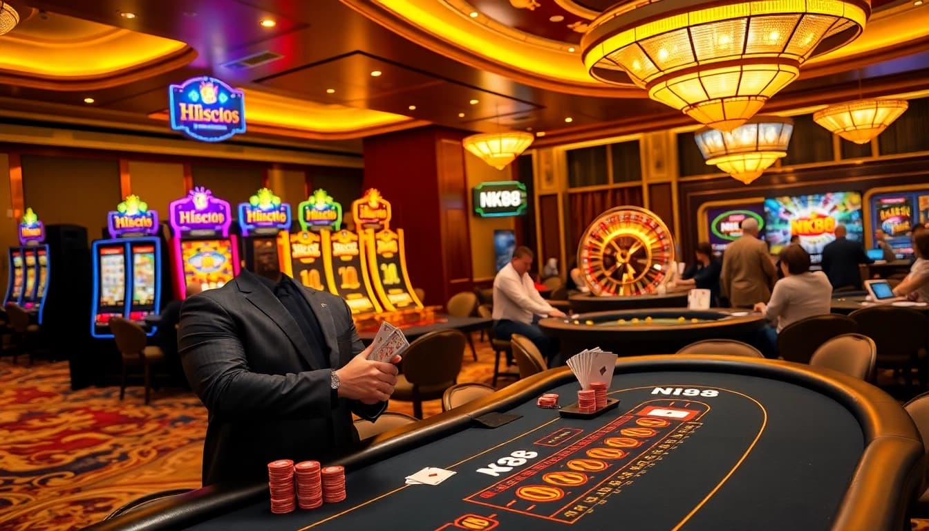 Engaging scene of a player at NK88 casino, showcasing vibrant gaming action and luxury.