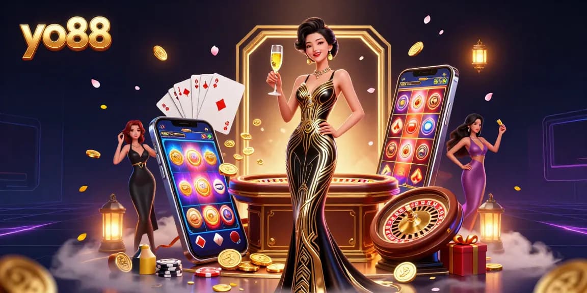 Experience the thrill at yo88, featuring glamorous gaming elements and festive atmosphere.