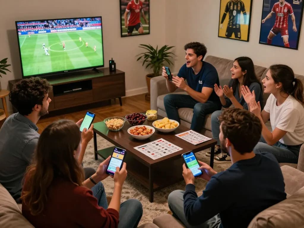Socolive sports betting scene with friends cheering and placing bets live on their phones.