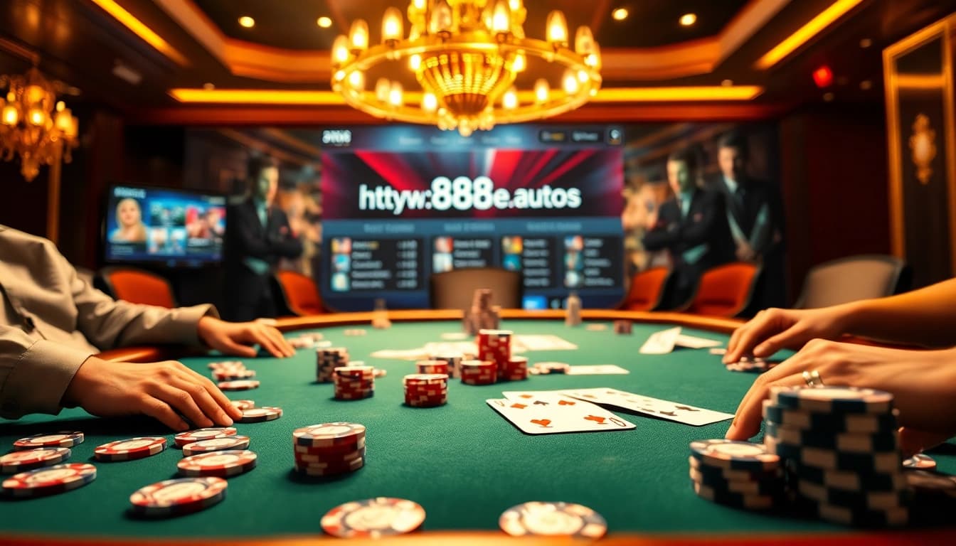 Experience excitement at https://88new.autos/ with a thrilling poker game showcasing vibrant chips and cards.