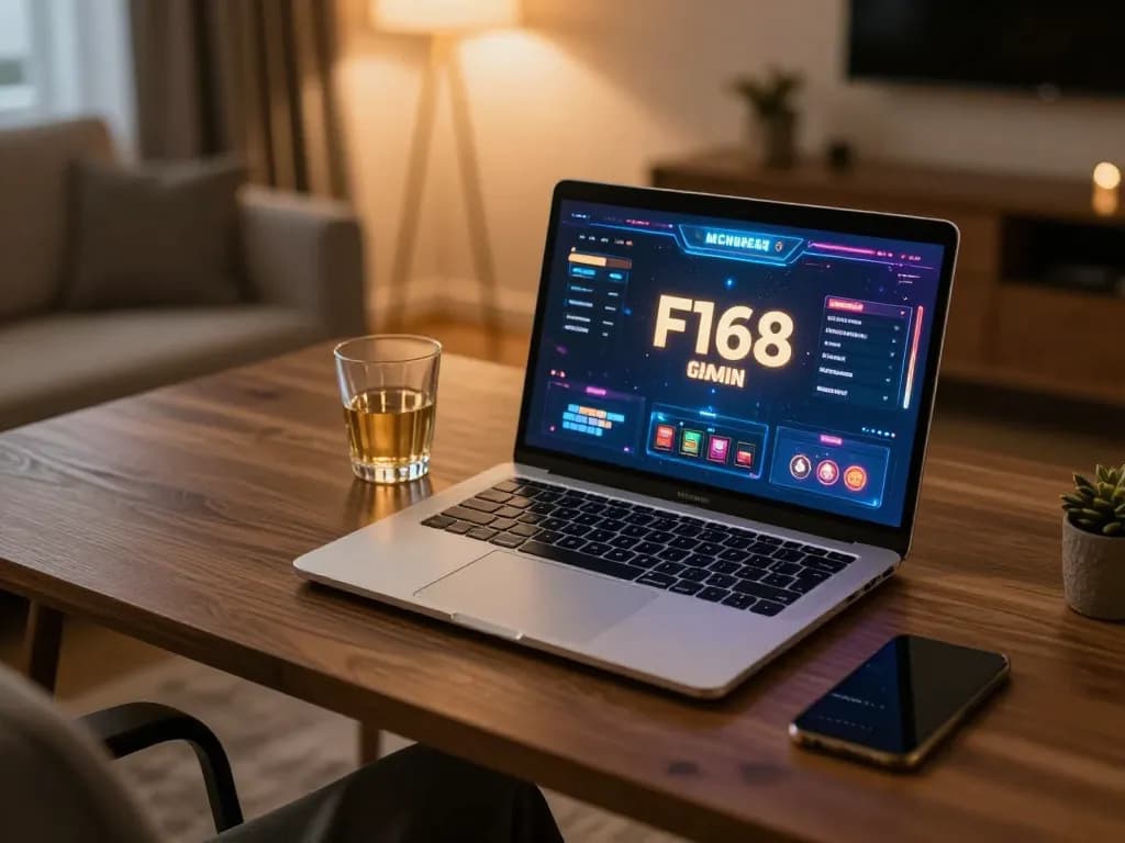 F168 online casino gaming scene with cozy home setup showcasing exciting gameplay.