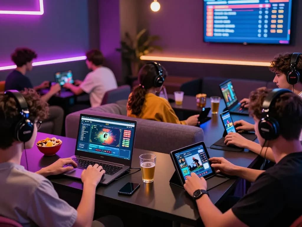 Players engaging with online games on 73 H platform in a lively gaming lounge.